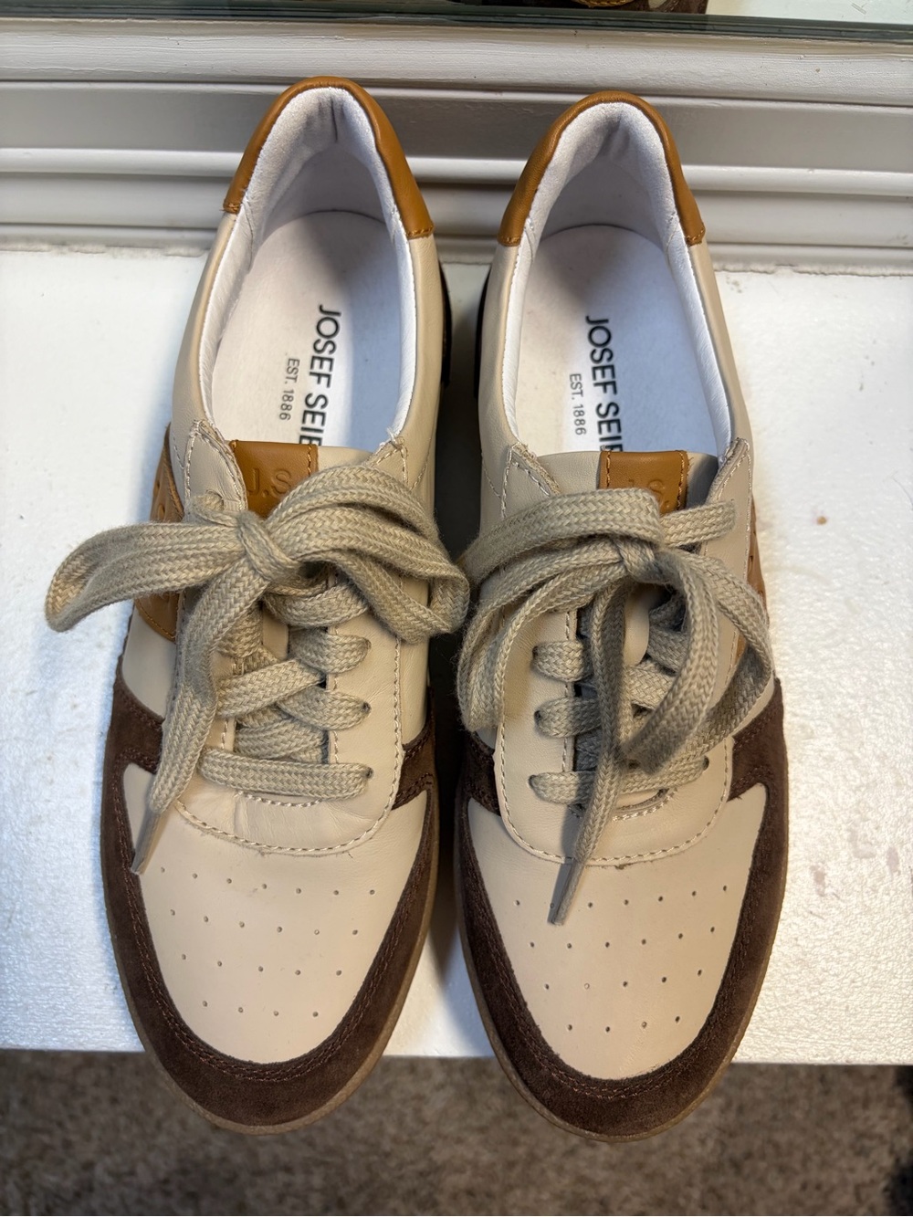 Josef Seibel Two-Tone Cream and Brown Leather Sneakers